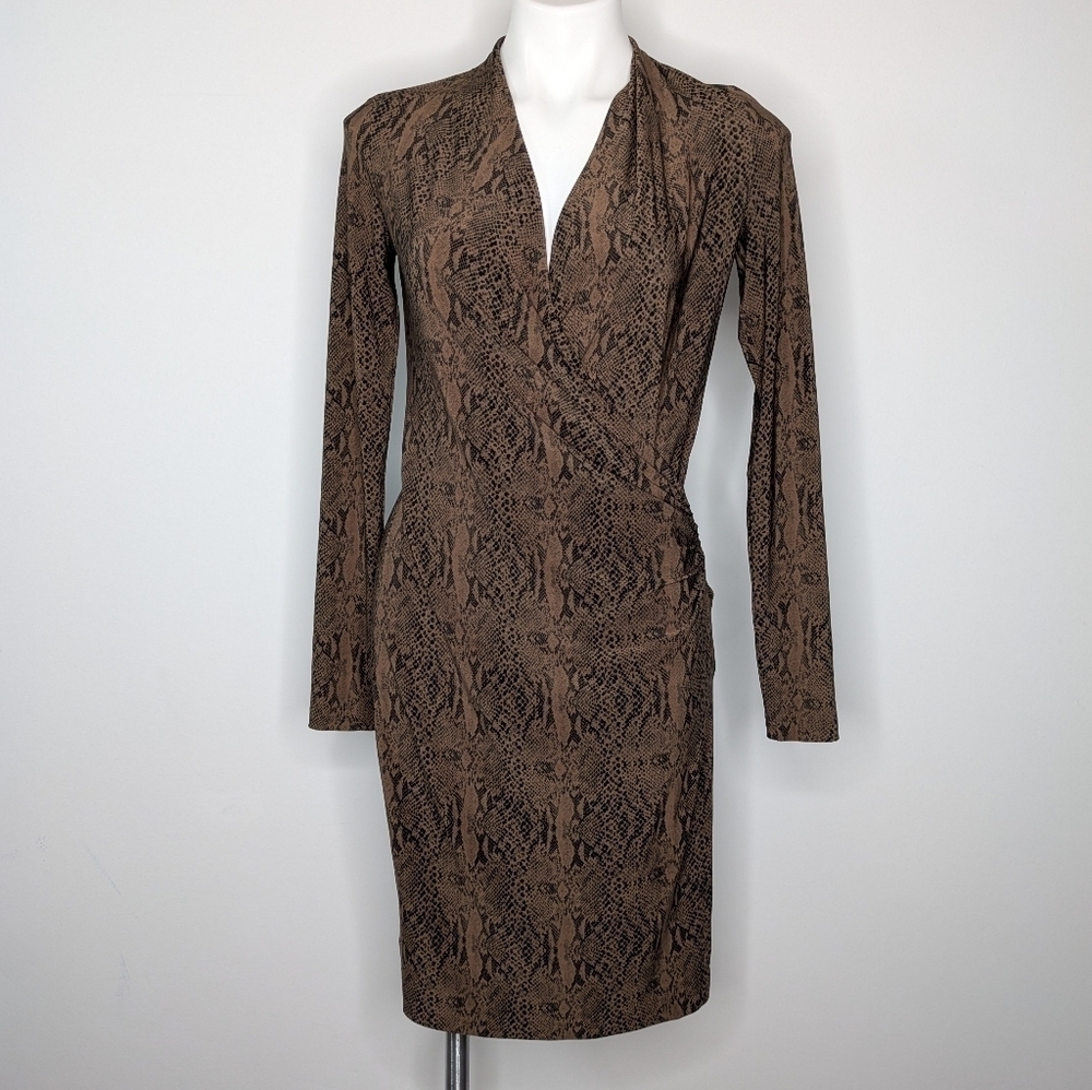 Norma Kamali Brown Black Snakeskin V Neck Long Sleeve Midi Dress S
